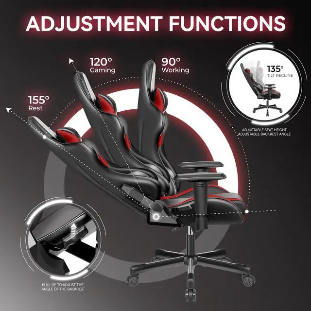 Alt view image 2 of 7 - Primy Ergonomic Gaming Chair, PU Leather Racing Style Game Chair, Adjustable Backrest Swivel Ergonomic Gamer Chair Computer Chair with Lumbar Support, Home Office Chair Black/Red