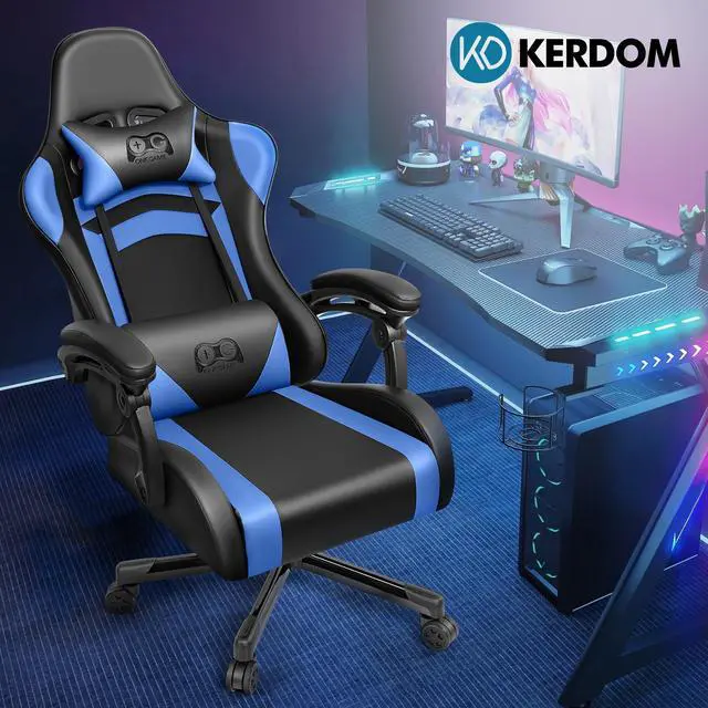 Alt view image 2 of 7 - Primy Ergonomic Gaming Chair, PU Leather Racing Style Game Office Chair, Adjustable Backrest Swivel Ergonomic Gamer Chair Computer Chair with Headrest and Lumbar Support, Home Office ChairBlack / Blue