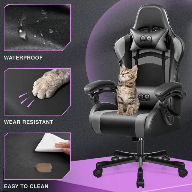 Alt view image 3 of 7 - Primy Ergonomic Gaming Chair, PU Leather Racing Style Game Office Chair, Adjustable Backrest Swivel Ergonomic Gamer Chair Computer Chair with Headrest and Lumbar Support, Home Office Chai Black / Grey