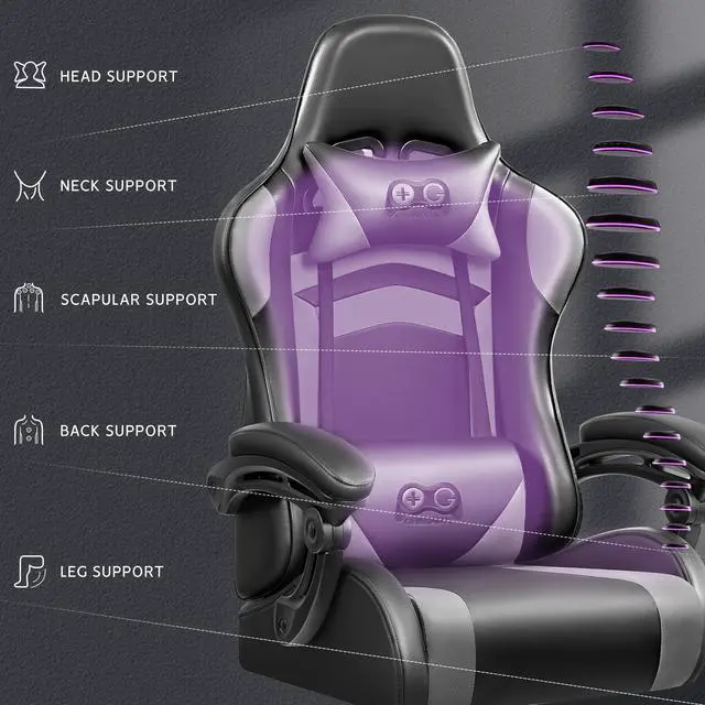 Alt view image 2 of 7 - Primy Ergonomic Gaming Chair, PU Leather Racing Style Game Office Chair, Adjustable Backrest Swivel Ergonomic Gamer Chair Computer Chair with Headrest and Lumbar Support, Home Office Chai Black / Grey