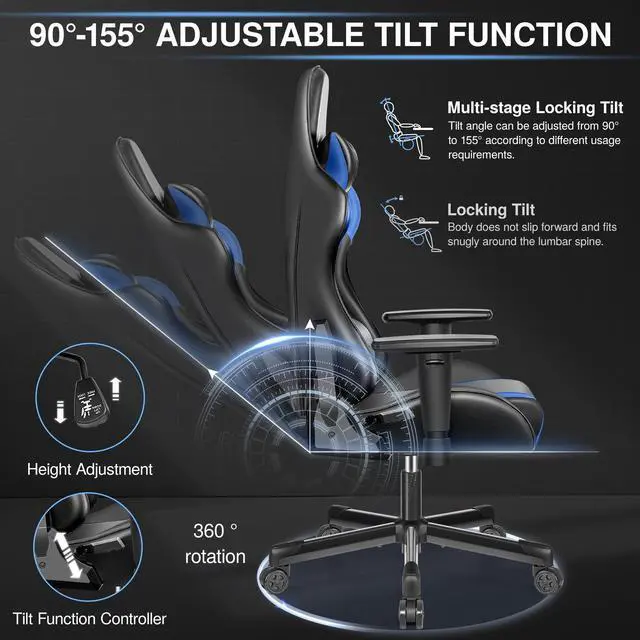 Alt view image 4 of 7 - Primy Ergonomic Gaming Chair with Adjustable Height, Racing-Inspired Design, Complete with Headrest & Lumbar Support for Ultimate Computer Gaming Experience Black / Blue