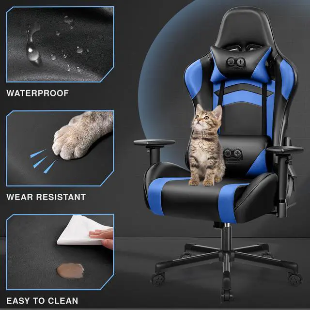 Alt view image 3 of 7 - Primy Ergonomic Gaming Chair with Adjustable Height, Racing-Inspired Design, Complete with Headrest & Lumbar Support for Ultimate Computer Gaming Experience Black / Blue