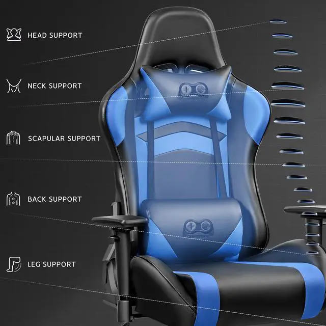 Alt view image 2 of 7 - Primy Ergonomic Gaming Chair with Adjustable Height, Racing-Inspired Design, Complete with Headrest & Lumbar Support for Ultimate Computer Gaming Experience Black / Blue