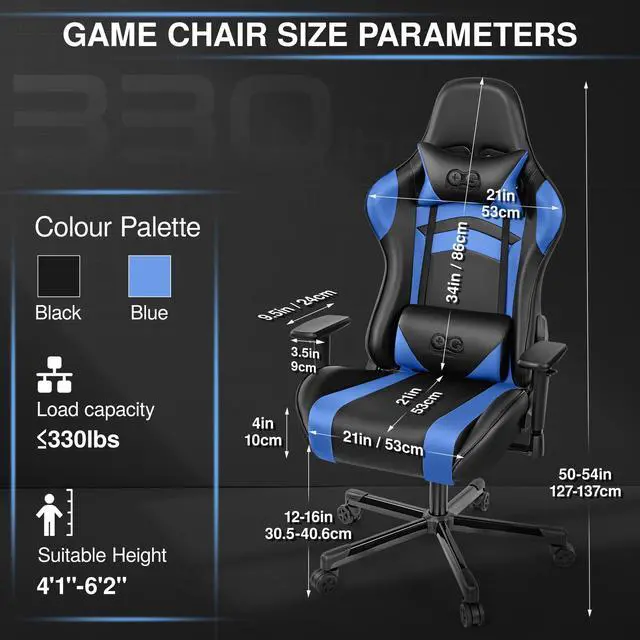 Alt view image 7 of 7 - Primy Ergonomic Gaming Chair with Adjustable Height, Racing-Inspired Design, Complete with Headrest & Lumbar Support for Ultimate Computer Gaming Experience Black / Blue