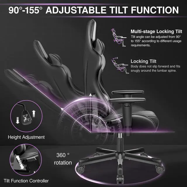 Alt view image 4 of 7 - Primy Ergonomic Gaming Chair with Adjustable Height, Racing-Inspired Design, Complete with Headrest & Lumbar Support for Ultimate Computer Gaming Experience Black / Grey