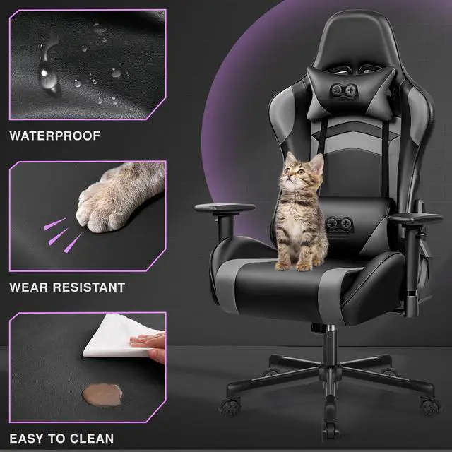 Alt view image 3 of 7 - Primy Ergonomic Gaming Chair with Adjustable Height, Racing-Inspired Design, Complete with Headrest & Lumbar Support for Ultimate Computer Gaming Experience Black / Grey