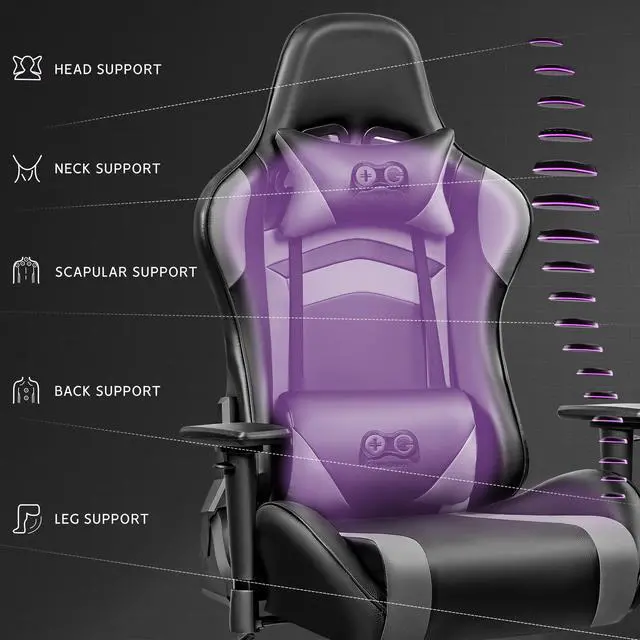 Alt view image 2 of 7 - Primy Ergonomic Gaming Chair with Adjustable Height, Racing-Inspired Design, Complete with Headrest & Lumbar Support for Ultimate Computer Gaming Experience Black / Grey