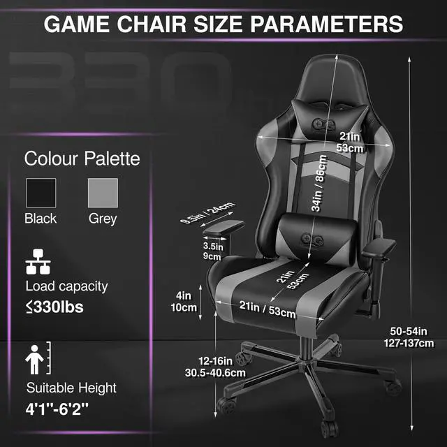 Alt view image 7 of 7 - Primy Ergonomic Gaming Chair with Adjustable Height, Racing-Inspired Design, Complete with Headrest & Lumbar Support for Ultimate Computer Gaming Experience Black / Grey