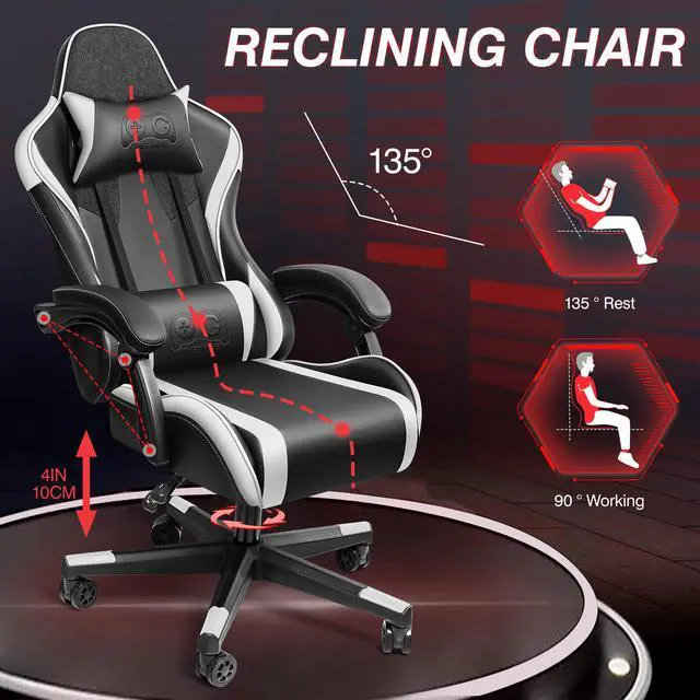 Alt view image 4 of 7 - Primy Ergonomic Racing-Style Gaming Chair for Computer Gamers - Adjustable High Back with Lumbar Support, 360° Swivel Functionality, Perfect for Office Desks Black / White
