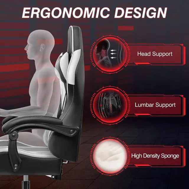 Alt view image 5 of 7 - Primy Ergonomic Racing-Style Gaming Chair for Computer Gamers - Adjustable High Back with Lumbar Support, 360° Swivel Functionality, Perfect for Office Desks Black / White