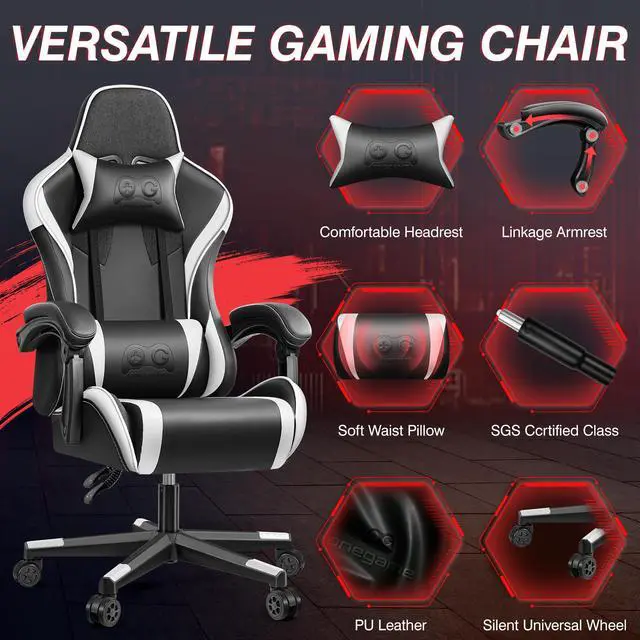 Alt view image 3 of 7 - Primy Ergonomic Racing-Style Gaming Chair for Computer Gamers - Adjustable High Back with Lumbar Support, 360° Swivel Functionality, Perfect for Office Desks Black / White