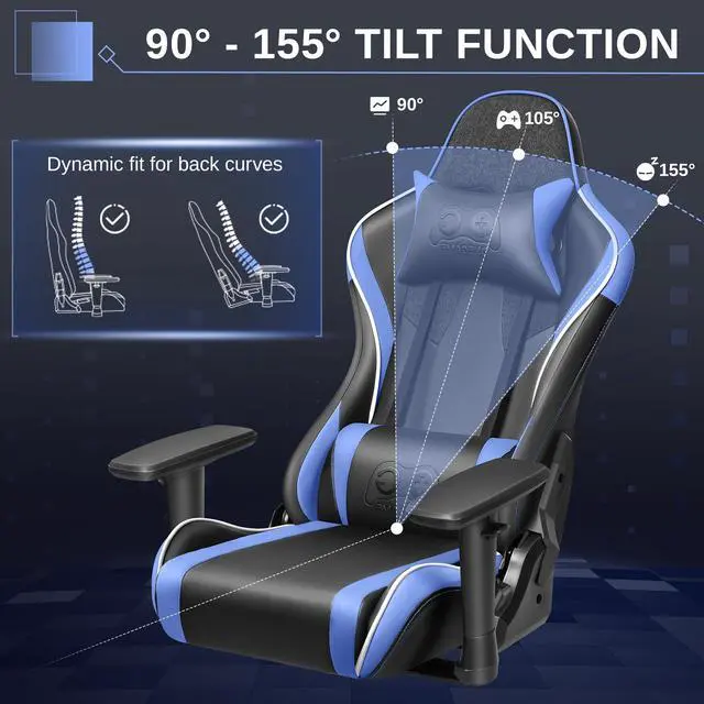 Alt view image 3 of 7 - Primy Ergonomic Gaming Chair with 3D Adjustable Armrests - High Back, Lumbar Support, & Swivel Functionality for Computer Gamers & Office Desk Use Black / Blue
