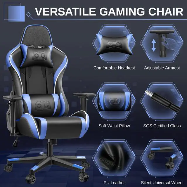 Alt view image 2 of 7 - Primy Ergonomic Gaming Chair with 3D Adjustable Armrests - High Back, Lumbar Support, & Swivel Functionality for Computer Gamers & Office Desk Use Black / Blue