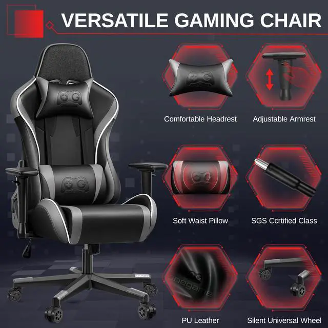 Alt view image 3 of 7 - Primy Ergonomic Gaming Chair with 3D Adjustable Armrests - High Back, Lumbar Support, & Swivel Functionality for Computer Gamers & Office Desk Use Black / Grey