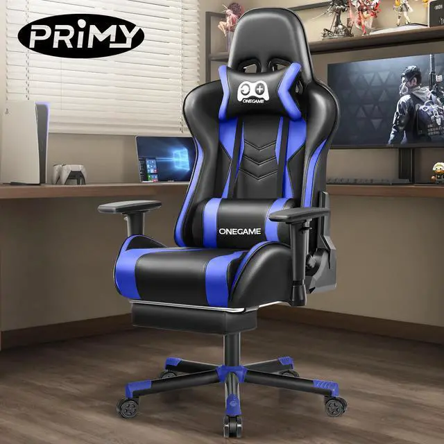 Main image of Primy Premium Adult Gaming Chair: 3D Adjustable Armrests, Integrated Footrest & Lumbar Support Pillow, Tilt Lock Mechanism, Ergonomic PU Gamer Chair for Office or GamingBlack / Blue