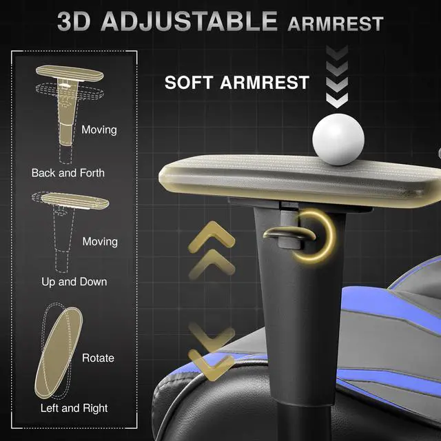 Alt view image 6 of 7 - Primy Premium Adult Gaming Chair: 3D Adjustable Armrests, Integrated Footrest & Lumbar Support Pillow, Tilt Lock Mechanism, Ergonomic PU Gamer Chair for Office or GamingBlack / Blue