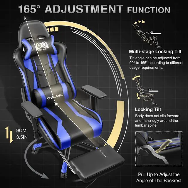 Alt view image 4 of 7 - Primy Premium Adult Gaming Chair: 3D Adjustable Armrests, Integrated Footrest & Lumbar Support Pillow, Tilt Lock Mechanism, Ergonomic PU Gamer Chair for Office or GamingBlack / Blue