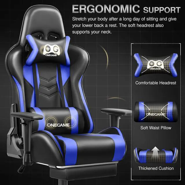 Alt view image 2 of 7 - Primy Premium Adult Gaming Chair: 3D Adjustable Armrests, Integrated Footrest & Lumbar Support Pillow, Tilt Lock Mechanism, Ergonomic PU Gamer Chair for Office or GamingBlack / Blue