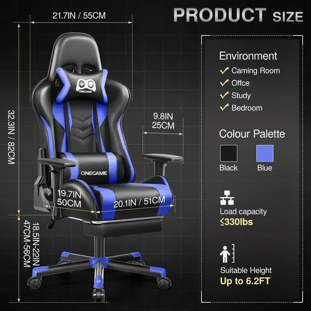 Alt view image 7 of 7 - Primy Premium Adult Gaming Chair: 3D Adjustable Armrests, Integrated Footrest & Lumbar Support Pillow, Tilt Lock Mechanism, Ergonomic PU Gamer Chair for Office or GamingBlack / Blue