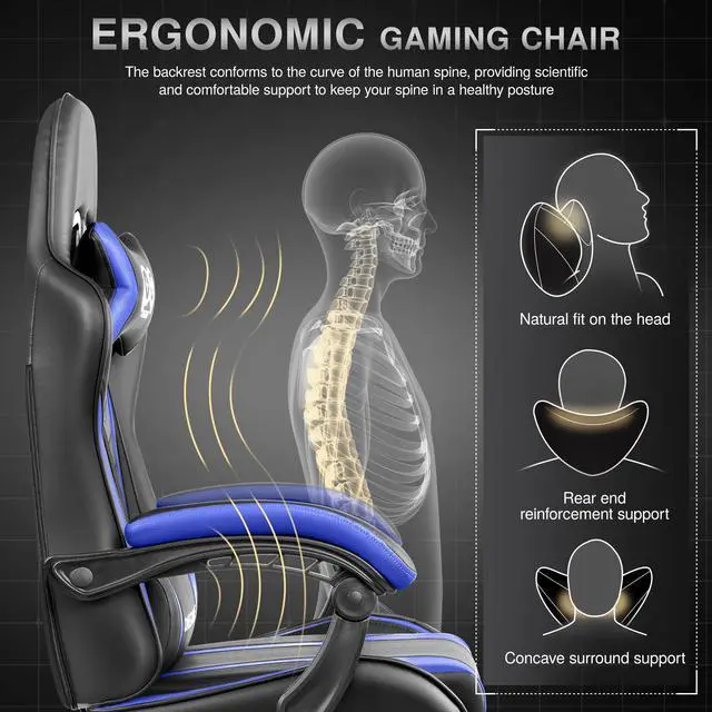 Alt view image 3 of 7 - Primy Big and Tall Computer Chair, PU Leather PC Office Chair, Ergonomic Video Game Chair for Gaming and Office Black / Blue