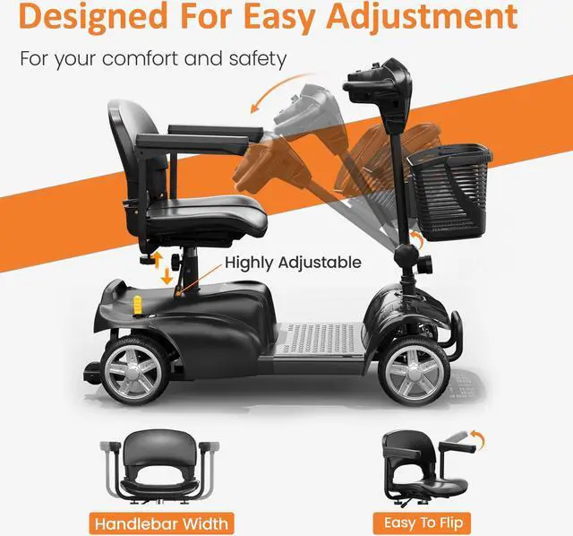 Alt view image 3 of 7 - POWET 4-Wheel All-Terrain Mobility Scooter for Adults & Seniors: 15-Mile Long-Range Capability, Motorized, with Rotating Swivel Seat Black