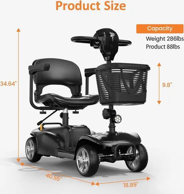 Alt view image 7 of 7 - POWET 4-Wheel All-Terrain Mobility Scooter for Adults & Seniors: 15-Mile Long-Range Capability, Motorized, with Rotating Swivel Seat Black