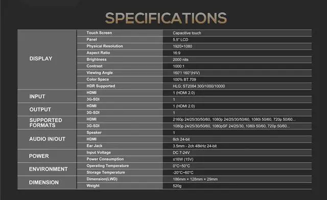 Alt view image 4 of 7 - Lilliput HT5S 5.5 Camera Monitor Urtra Bright 2000 NITS HDMI 2.0 Touch Screen 1920*1080 3G-SDI Sunlight Readable 3D LUT LANC Cable Field Monitor with Power Adapter