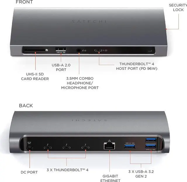 Alt view image 2 of 7 - Satechi Thunderbolt 4 Dock - 12-in-1 - Thunderbolt 4 Hub - Thunderbolt 4-4 Downstream Ports, 96W PD,3 USB-A 3.2 Ports, USB-A 2.0 Port, SD Card Reader, GbE, Audio Jack - for M2 & M1 MacBook
