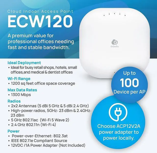 Alt view image 4 of 7 - EnGenius Cloud Managed ECW120 802.11ac Wave 2 Indoor Wireless Access Point