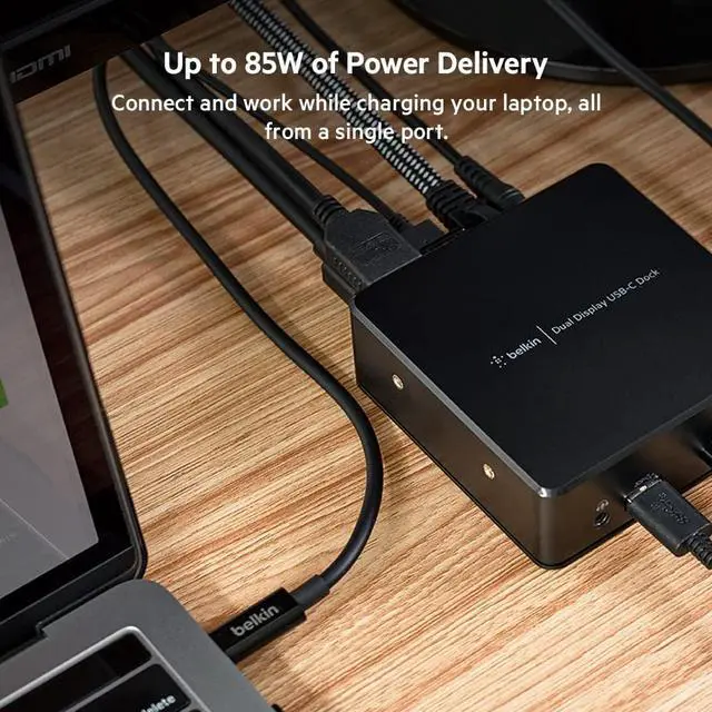 Alt view image 3 of 7 - Belkin USB C Docking Station - USB Hub Dual 4k Computer Monitor Display - Dual HDMI, Thunderbolt, USB, Ethernet Ports - USB C Hub - 85W PD Power Delivery for MacBook Pro, iPad Pro & Chromebook Laptop