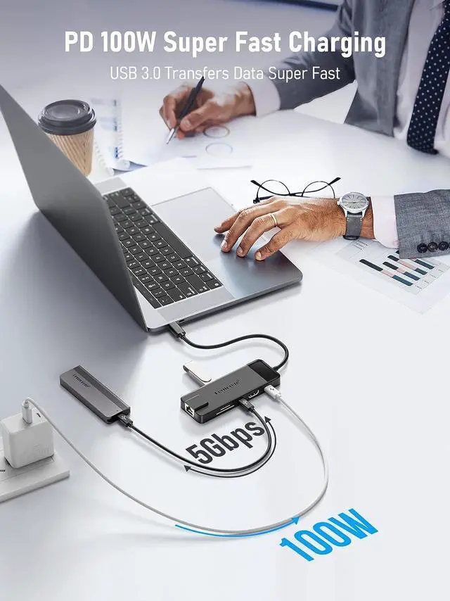 Alt view image 3 of 7 - USB C Hub Multiport Adapter 10-in-1 USB C Dongle for MacBook Pro Air Gigabit Ethernet with 4K HDMI 100W PD USB 3.0 5Gbps Port SD/TF Card Reader Adapter Compatible for Windows/Mac/iPad