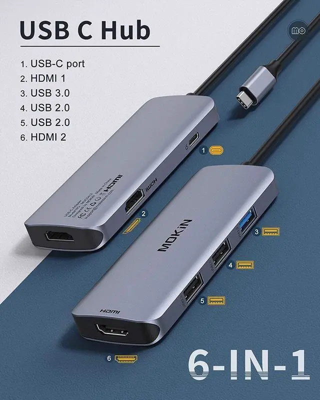 Alt view image 2 of 7 - Docking Station USB C to Dual HDMI Adapter, MOKiN USB C Hub Dual HDMI Monitors for Windows,USB C Adapter with Dual HDMI,3 USB Port,PD Compatible for  XPS 13/15, Lenovo Yoga,etc