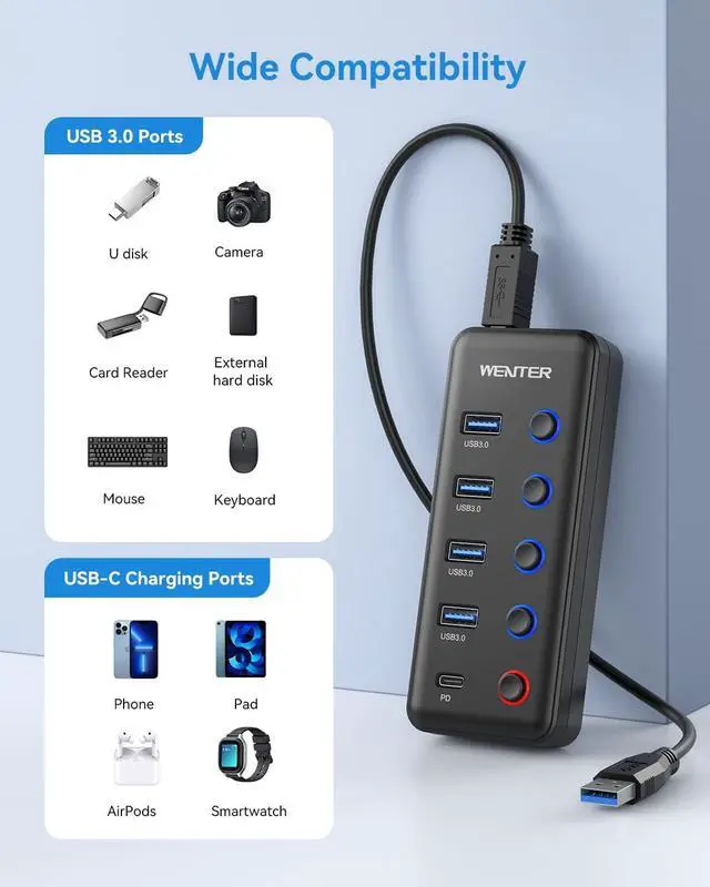 Alt view image 6 of 7 - Powered USB 3.0 Hub Wenter 5-Port USB Hub Splitter (4 Faster Data Transfer Ports+ 1 Type-C Charging Ports) with Individual LED On/Off Switches USB Hub 3.0 Powered with Power Adapter for Mac PC