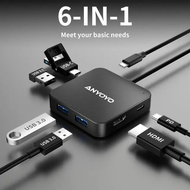 Alt view image 3 of 7 - ANYOYO USB C Hub, 6 in 1 USB C Adapter with 4K 30Hz HDMI, 100W PD, 3 USB A 3.0, 1 USB C for MacBook Pro/Air, USB C Hub Long Cable(4FT),USB C Hub Multiport Adapter for Laptops and Other USB C Devices