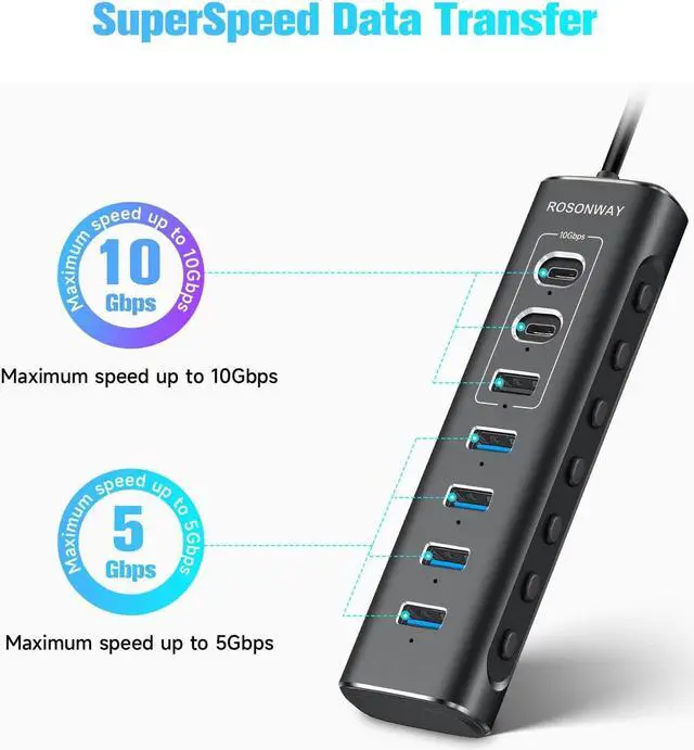 Alt view image 3 of 7 - Powered USB Hub, Rosonway 7-Port USB 3.2/USB C Hub with 10Gbps USB-A 3.2, 2 USB-C 3.2, 4 USB 3.0 Ports, Individual Switches and 12V Power Adapter, Aluminum USB Port Expander for Laptop/PC, RSH-A107C
