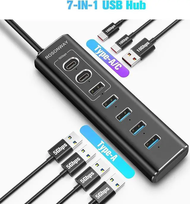 Alt view image 5 of 7 - Powered USB Hub, Rosonway 7-Port USB 3.2/USB C Hub with 10Gbps USB-A 3.2, 2 USB-C 3.2, 4 USB 3.0 Ports, Individual Switches and 12V Power Adapter, Aluminum USB Port Expander for Laptop/PC, RSH-A107C
