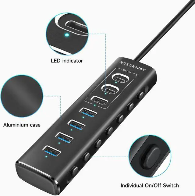 Alt view image 7 of 7 - Powered USB Hub, Rosonway 7-Port USB 3.2/USB C Hub with 10Gbps USB-A 3.2, 2 USB-C 3.2, 4 USB 3.0 Ports, Individual Switches and 12V Power Adapter, Aluminum USB Port Expander for Laptop/PC, RSH-A107C