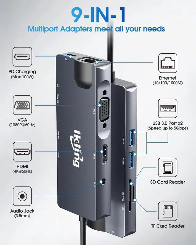 Alt view image 4 of 6 - Ikling USB C Hub 9-in-1 Adapter with 4K USB C to HDMI VGA Gigabit Ethernet 100W PD 2 USB-A 5 Gbps MicroSD/SD Card Reader USB C Dock for Most Type-C Devices