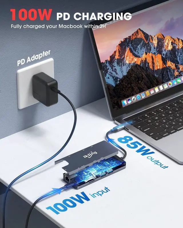 Alt view image 5 of 6 - Ikling USB C Hub 9-in-1 Adapter with 4K USB C to HDMI VGA Gigabit Ethernet 100W PD 2 USB-A 5 Gbps MicroSD/SD Card Reader USB C Dock for Most Type-C Devices