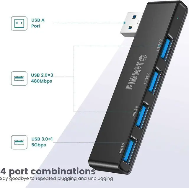 Alt view image 3 of 7 - USB Hub, Fidioto 4 Port USB Adapter(1 * 3.0 Hub, 3 * 2.0 Hub), USB Expander Hub for Laptop, iMac Pro, MacBook Air, Mac Mini/Pro, Surface Pro, Notebook PC, USB Flash Drives and Mobile HDD Etc.
