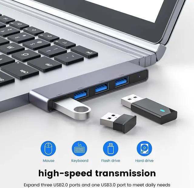 Alt view image 4 of 7 - USB Hub, Fidioto 4 Port USB Adapter(1 * 3.0 Hub, 3 * 2.0 Hub), USB Expander Hub for Laptop, iMac Pro, MacBook Air, Mac Mini/Pro, Surface Pro, Notebook PC, USB Flash Drives and Mobile HDD Etc.