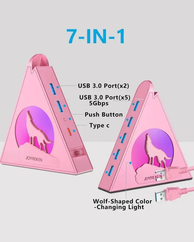Alt view image 2 of 6 - JoyReken Howling Wolf USB Hub - 7 USB 3.0 Ports - Pink - Plug and Play - 2ft/1.2m Long Cable, for Laptop, PC, Flash Drive, HDD, Console, Printer, Keyborad, Mouse and More(Charging Not Supported)