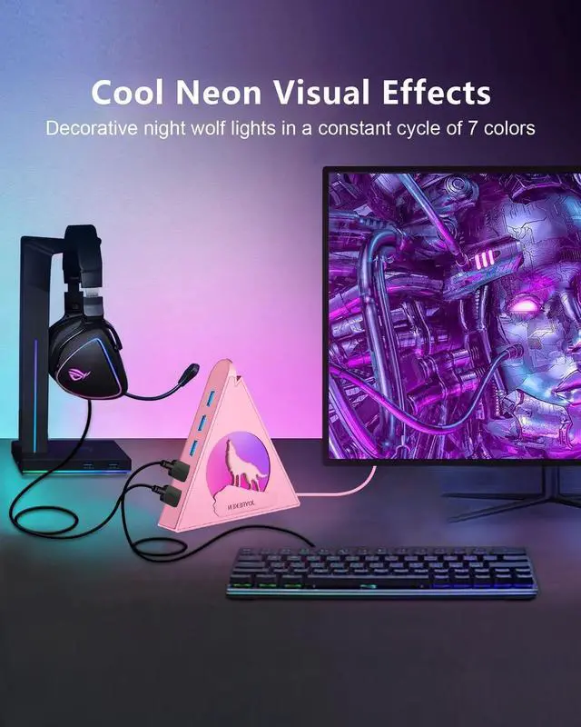 Alt view image 5 of 6 - JoyReken Howling Wolf USB Hub - 7 USB 3.0 Ports - Pink - Plug and Play - 2ft/1.2m Long Cable, for Laptop, PC, Flash Drive, HDD, Console, Printer, Keyborad, Mouse and More(Charging Not Supported)