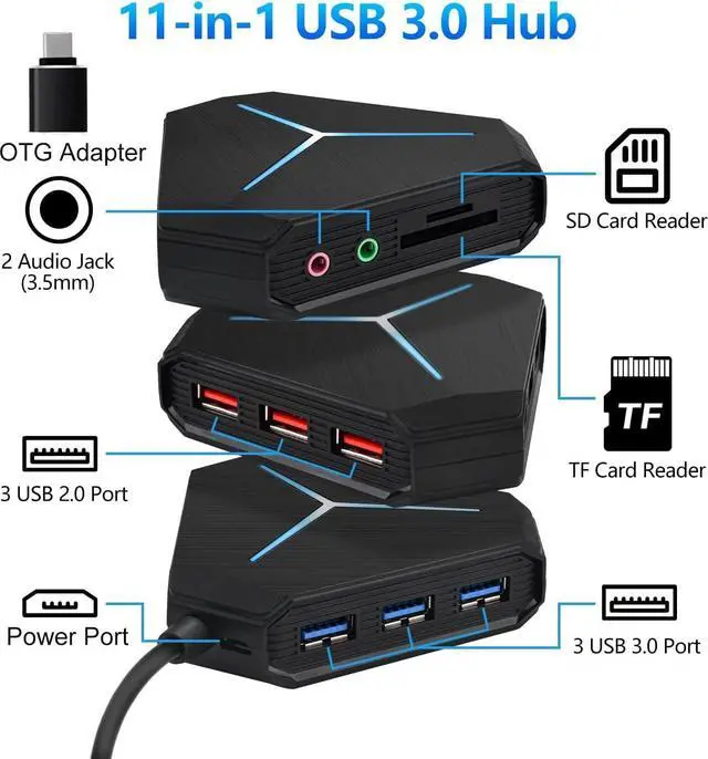 Alt view image 3 of 7 - 10-Port USB Hub 3.0/2.0, USB C Hub with 3.2ft/1m Long Cord, SD/TF Card Reader, USB Splitter for Laptop, Keyboard, Mouse, Mac, PC, Ipad Pro, Surface Pro and USB C Devices