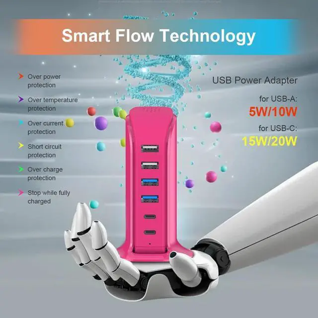 Alt view image 2 of 7 - USB Charging Station Multiports Upoy, Charging Hub 6 Ports Dual Type-C, USB Tower Fast Charging for Tablets, Cellphones, Smart Watch, and More Electronic Gadgets, Portable Design, Travel Essentials