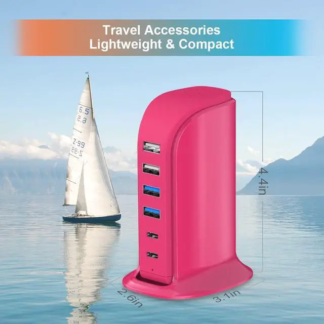 Alt view image 3 of 7 - USB Charging Station Multiports Upoy, Charging Hub 6 Ports Dual Type-C, USB Tower Fast Charging for Tablets, Cellphones, Smart Watch, and More Electronic Gadgets, Portable Design, Travel Essentials