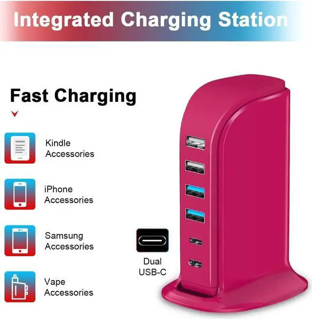 Alt view image 4 of 7 - USB Charging Station Multiports Upoy, Charging Hub 6 Ports Dual Type-C, USB Tower Fast Charging for Tablets, Cellphones, Smart Watch, and More Electronic Gadgets, Portable Design, Travel Essentials