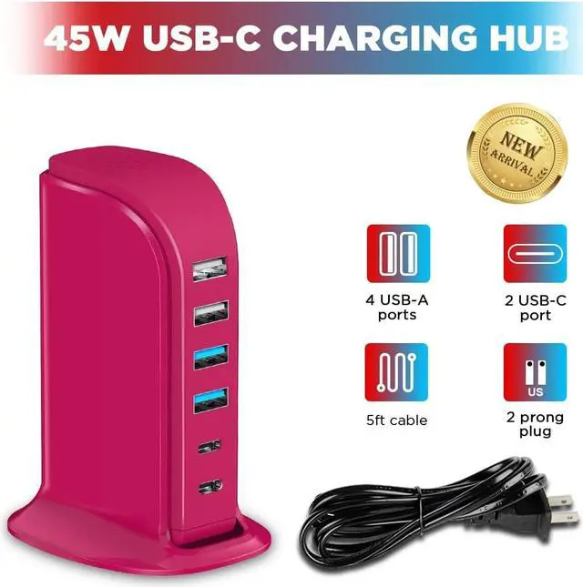 Alt view image 5 of 7 - USB Charging Station Multiports Upoy, Charging Hub 6 Ports Dual Type-C, USB Tower Fast Charging for Tablets, Cellphones, Smart Watch, and More Electronic Gadgets, Portable Design, Travel Essentials