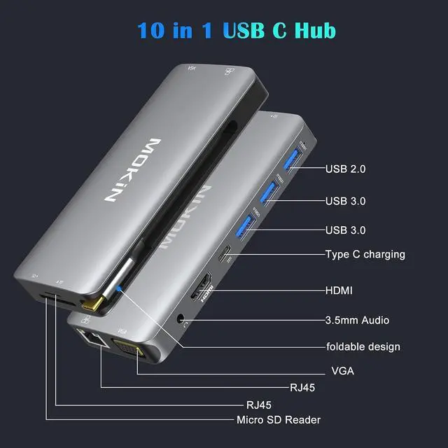 Alt view image 2 of 7 - USB C Hub Multiport Adapter - 10 in 1 Portable Dongle with 4K HDMI VGA Ethernet 3 USB Ports Audio PD Charger SD/Micro SD Card Reader Compatible for MacBook Pro XPS More Type C Devices.