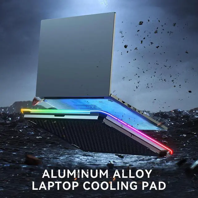 Alt view image 2 of 7 - KYOLLY Aluminum Alloy Laptop Cooling PadRGB Gaming Laptop Cooler with 6 Quiet Cooling Fans for 15.6-17.3 inch laptops, 9 Height Stand, LCD Screen, 4 USB Ports with 1 3.0HUB 2 2.0HUB, Lap Desk Use